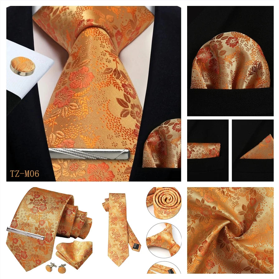 Mens Tie Set Silk Silver Paisley Floral Necktie and Pocket Square Cufflinks Tie Clip Classic Formal Ties for Men Wedding Party