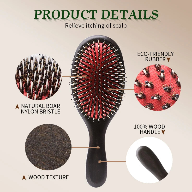 Boar Bristle Hair Brush Women Custom Name Detangling Hair Brush For Curly Hair Wooden Comb Head Scalp Massage Hair Comb