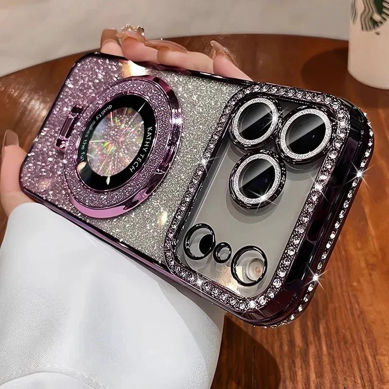 Plating transparent diamond glitter magnetic phone case for iPhone 17 16 13 14 15 Pro Max lens protection bracket back cover