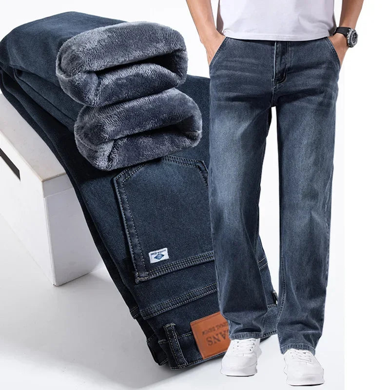 Men's Winter Warm Fleece Lined Thick Stretchable Business Casual Jeans Lightweight Trousers for Office And Daily Wear