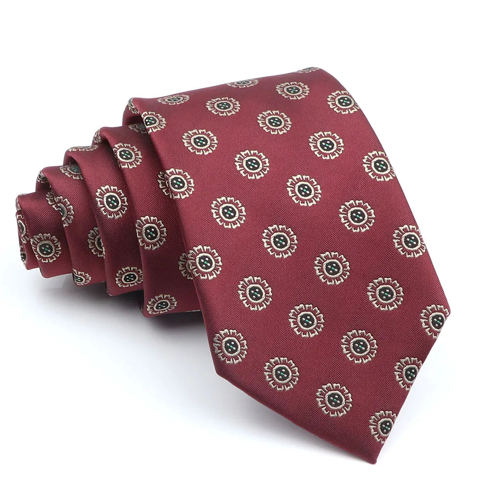 New Men's Casual 7CM Ties Classic Polyester Woven Party Neckties Fashion Burgundy Flower Man Neck Tie For Wedding Business Male
