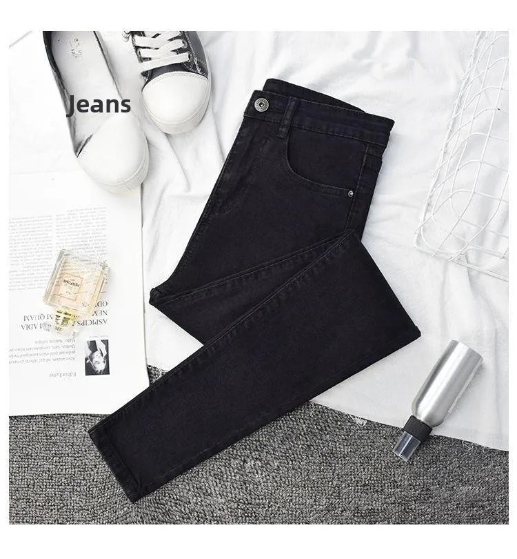 High Waist Slim Fit Jeans Women's Elastic Stretchy Nine Points Pants Spring Autumn Fashionable Casual Straight Leg Trousers