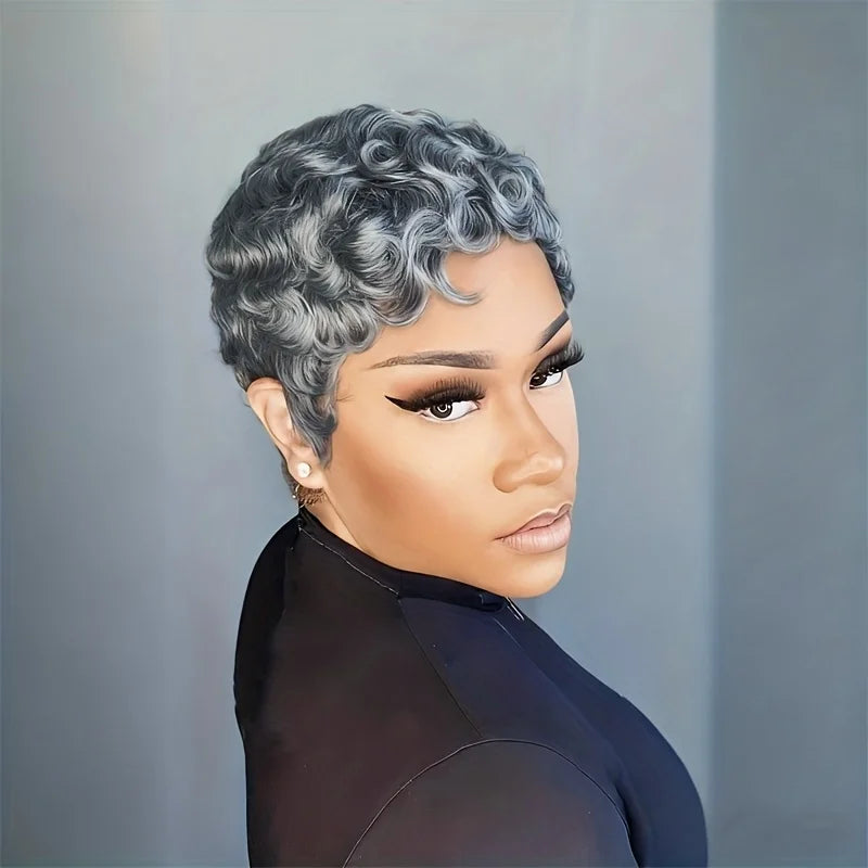Human Hair Wig 6Inch Natural Grey with Loose Curls180% Density Machine-Made Wig with Rose Net Cap Comfortable Fit for Daily Wear
