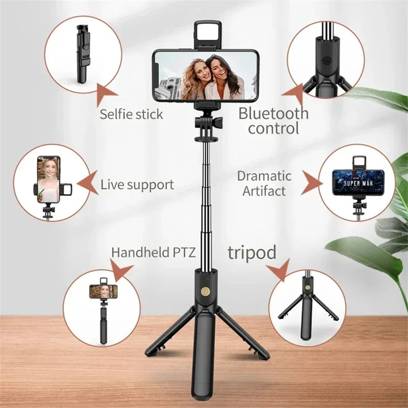 Wireless Selfie Stick with Tripod Stand and Light, Bluetooth Remote, Extendable for iPhone, Mobile Phone, Live Streaming