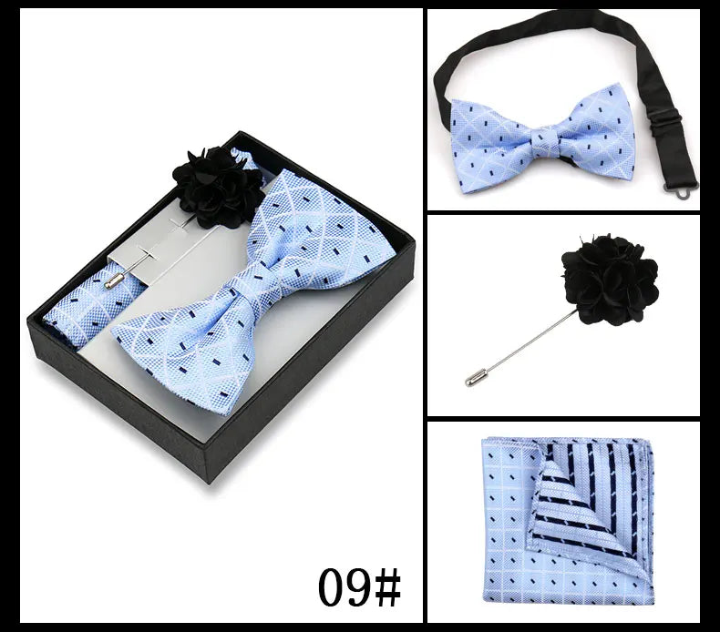 Classic High Quality Bow Tie Set Box Gift For Men Fashion Elegant Bowtie Handchief And Brooch Set Wedding Business Accessories