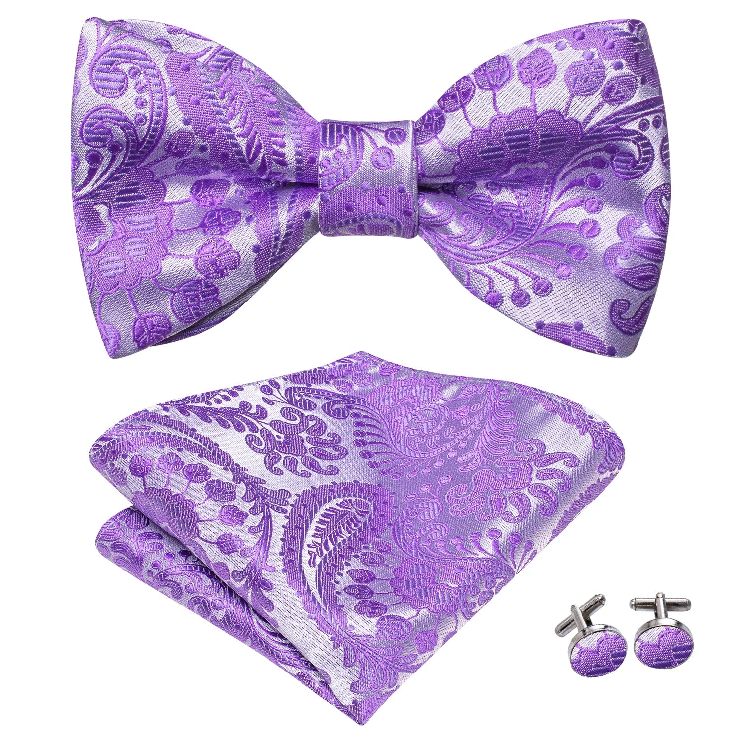 Hi-Tie Silk Mens Self Bow Tie Pocket Square Cufflink Set Butterfly Knot Jacquard Floral Paisley Bowtie for Male Wedding Business