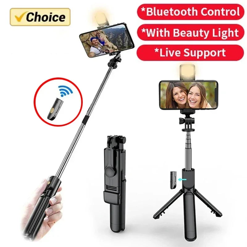 Wireless Selfie Stick with Tripod Stand and Light, Bluetooth Remote, Extendable for iPhone, Mobile Phone, Live Streaming