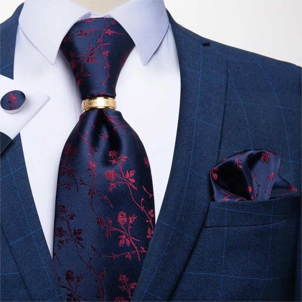 Men's Tie Handkerchief Cuffink Necktie Set Jacquard Woven Silk Blue Wedding Formal Business Party Necktie Ring Set DiBanGu
