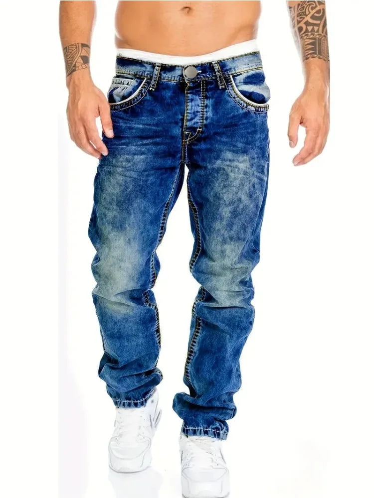 European American Jeans Men's Autumn New Slim Elastic Trousers Fashionable Vintage Wash Denim Pants Male Streetwear