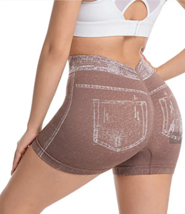 Jeans-like seamless yoga shorts with a V-shaped back, designed to enhance the posterior and provide quick-drying, form-fitting r