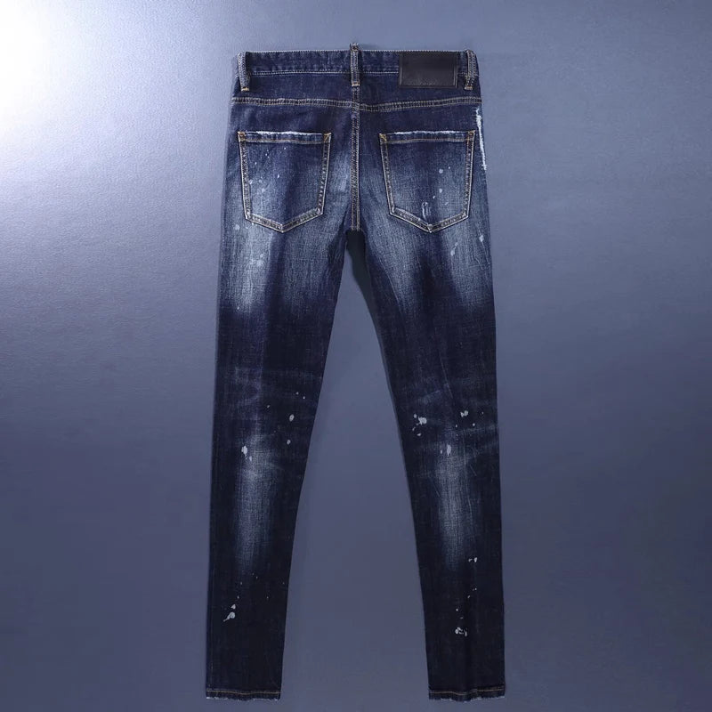 Fashionable men's deep blue jeans with scratches, washed water, nostalgic stretch, slim fit, painted jeans, designer high street