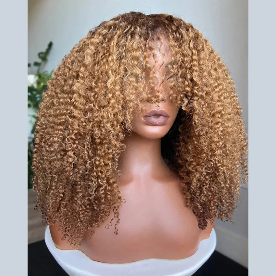 Ombre blonde Brown Afro kinky Curly Hair Wig 100% Human Hair wig Highlights Honey blonde 250% Density Glueless Wig With Bangs