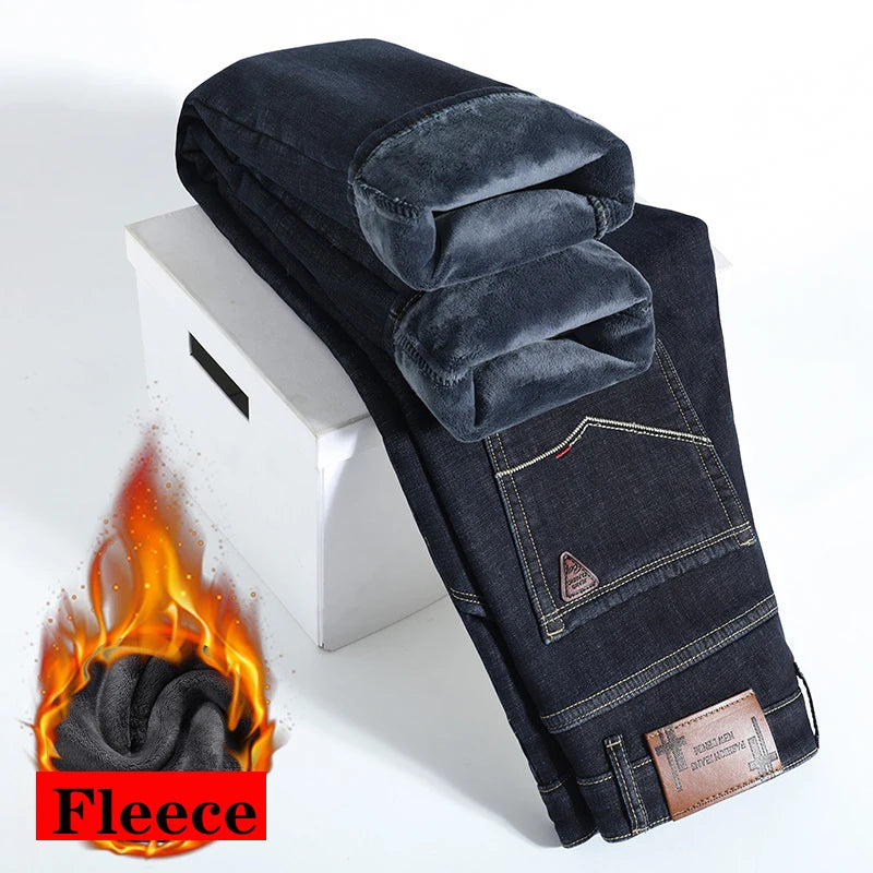 High Quality Men Fleece Jeans Business Casual Slim Straight Denim Trousers Autumn Winter New Plus Size Thickened Warm Men Pants
