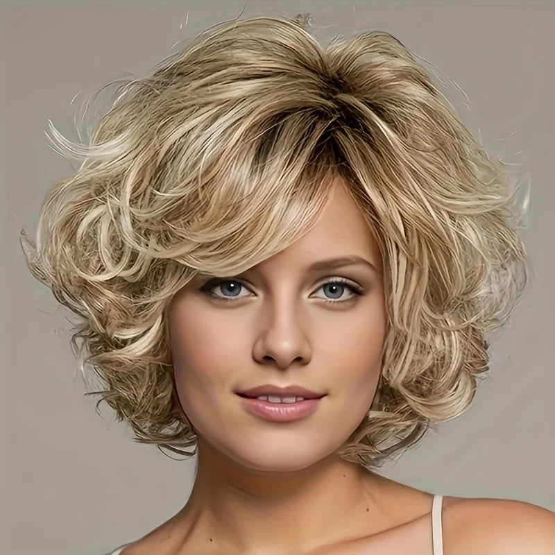 Women's short curly hair wig made beige mixed with gold synthetic fiber, suitable women's daily outings role-playing Halloween