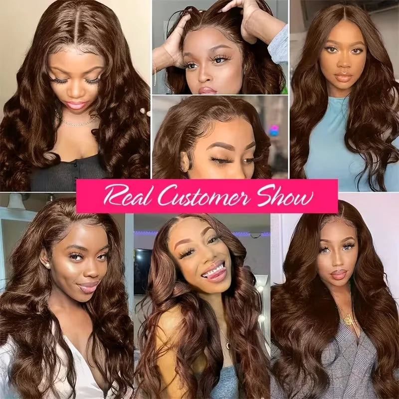 46 Inch Chocolate Brown Lace Frontal Human Hair Wig 250 Density Pre Plucked Brown Hair Wig 5X5 HD Body Wave Lace Front Wig Human