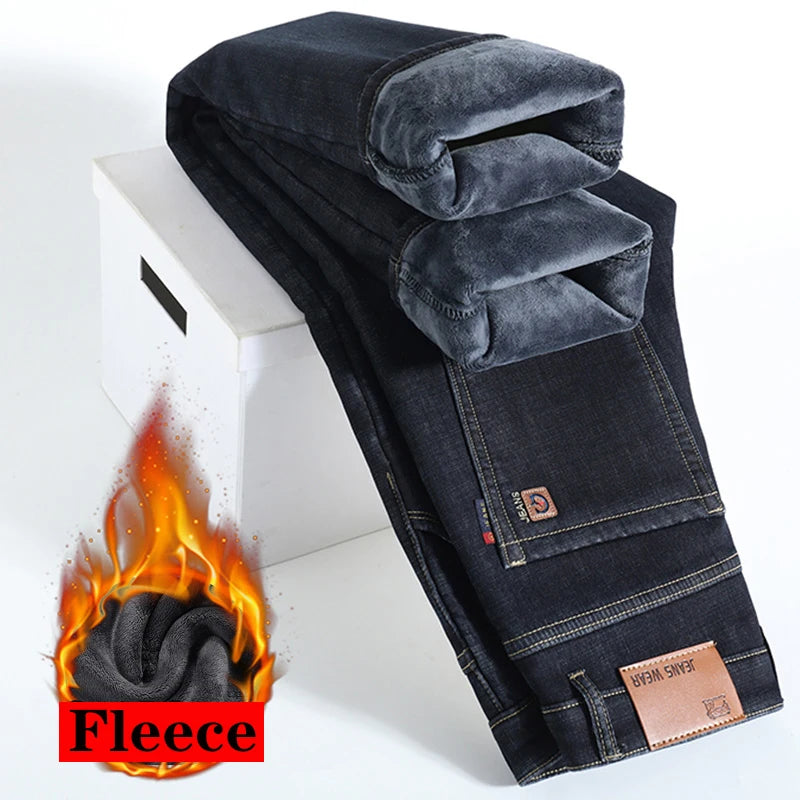 High Quality Men Fleece Jeans Business Casual Slim Straight Denim Trousers Autumn Winter New Plus Size Thickened Warm Men Pants