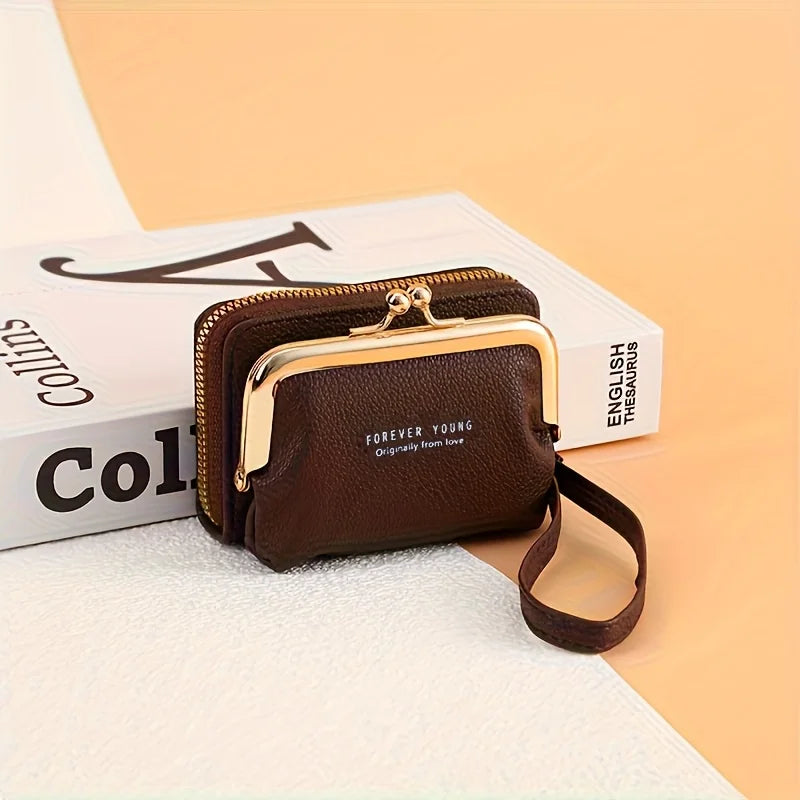 Women'S Elegant Wallet with Wrist Strap & Kiss Button Closure -Golden-Tone Hardware,Zipper Pocket & Card Holder,Wallet for Women