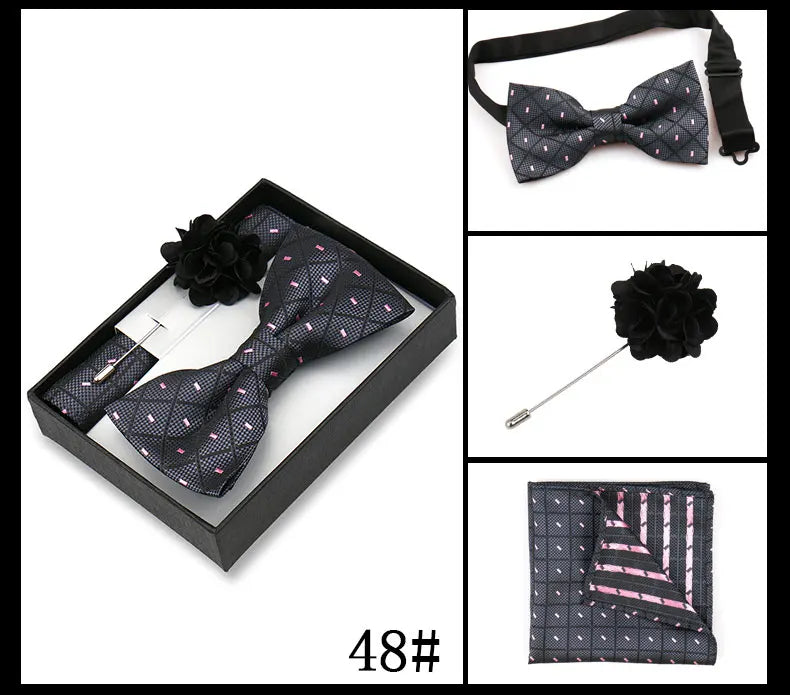 Classic High Quality Bow Tie Set Box Gift For Men Fashion Elegant Bowtie Handchief And Brooch Set Wedding Business Accessories