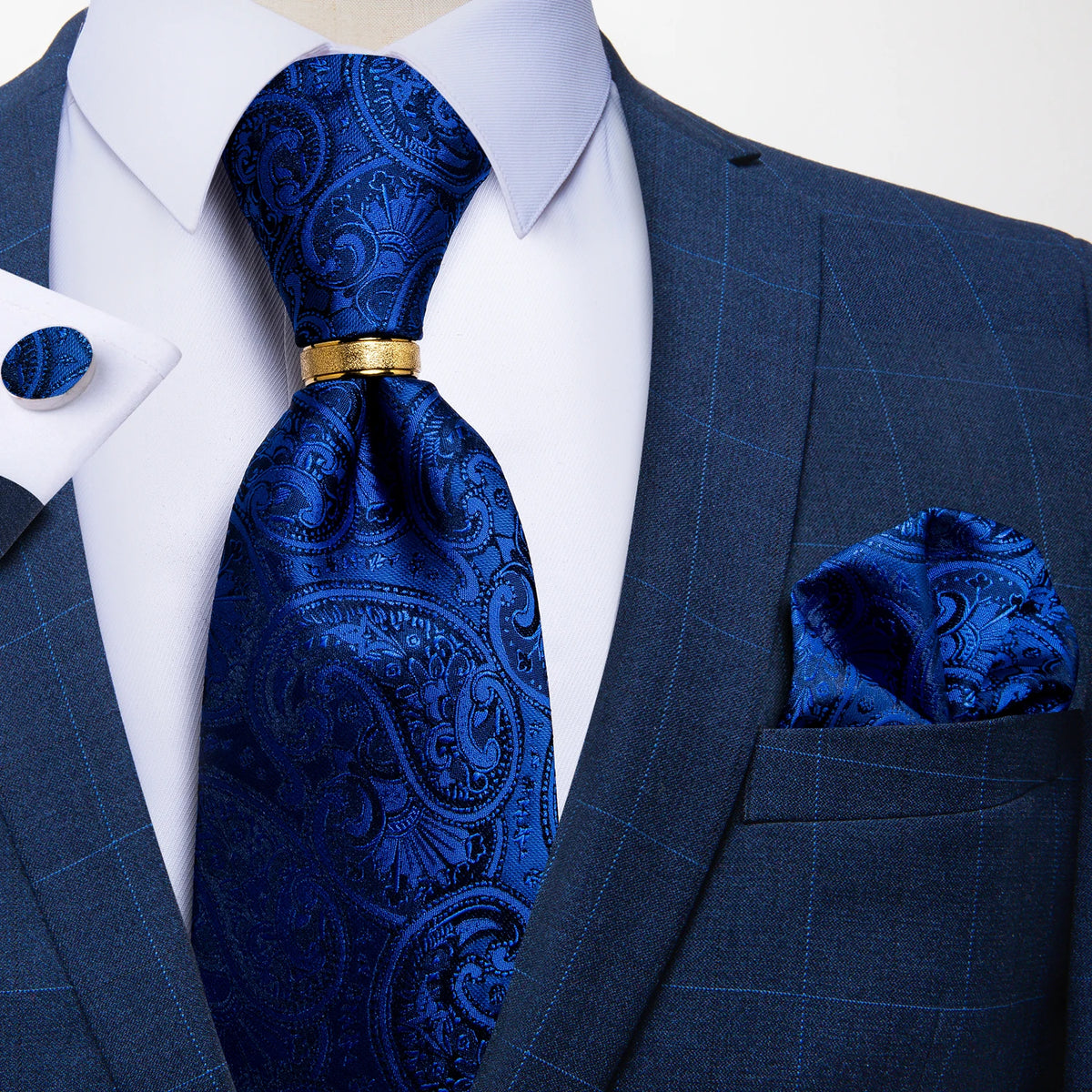Men's Tie Handkerchief Cuffink Necktie Set Jacquard Woven Silk Blue Wedding Formal Business Party Necktie Ring Set DiBanGu