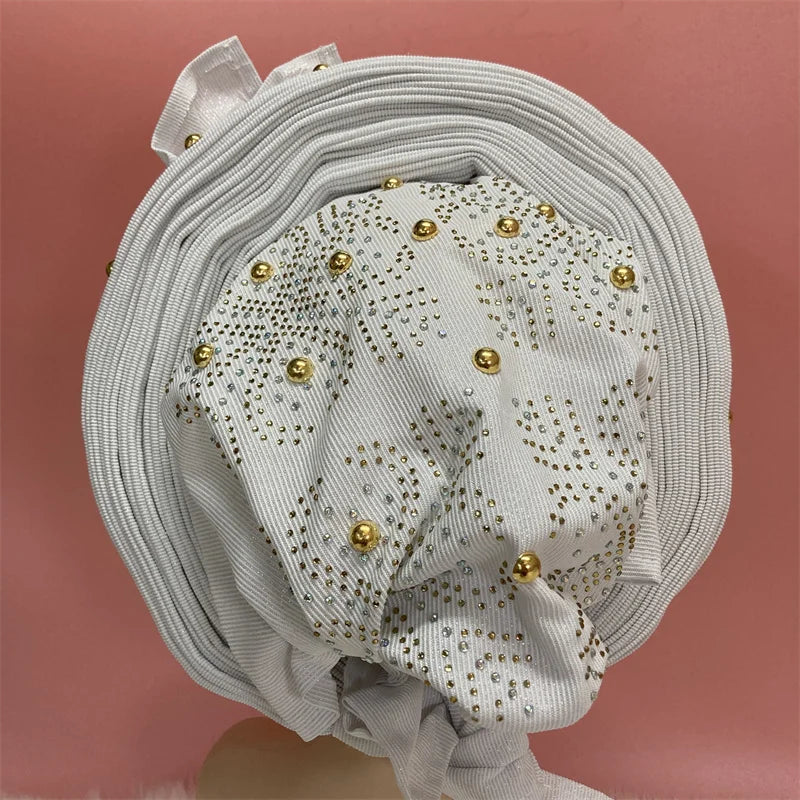 High Quality African Nigeria Gele Elegant Helmet With Stones Headband Turban Head Scarf Head-Hat Auto Gele Brand New Hats 7L5191