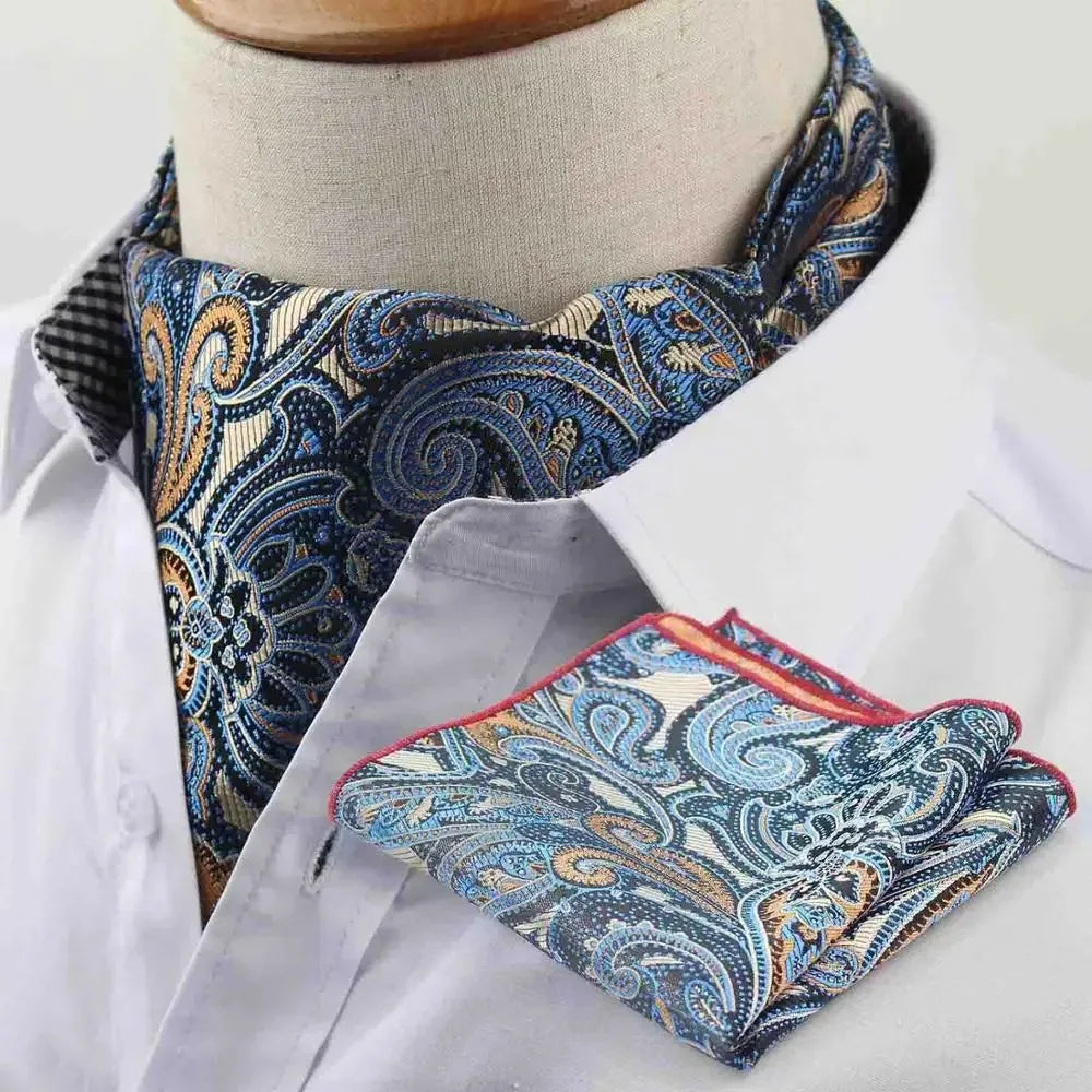 Polyester Cravat Pocket Square Set Formal Necktie Handkerchief Ascot Self Tie Polka Dot Paisley Design Gentleman Necktie Gifts