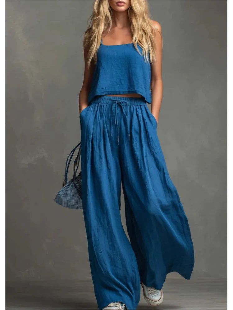 Suspender Top Women + Wide-leg Trousers Women 2piece Set Summer Fashion Elastic Waist Lace-up Pocket Trousers Casual Suit Female