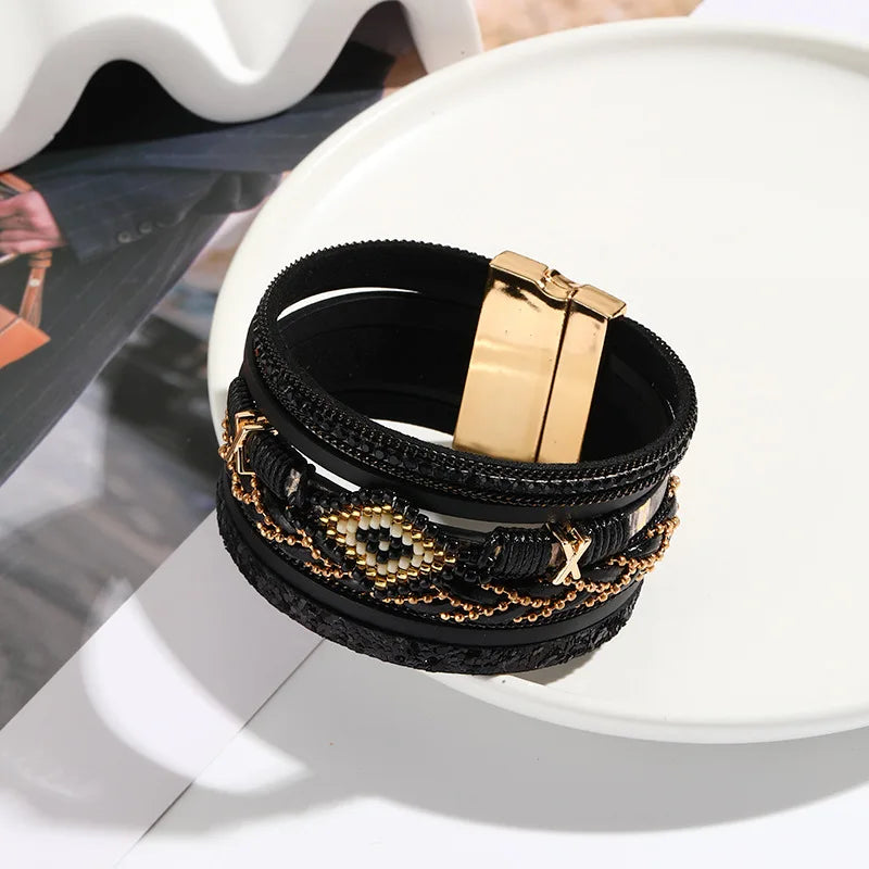 Multilayer Handwoven Leather Bracelet for Women Magnet Buckle Wide Bracelet Rice Bead Woven Devil's Eye Leather Bracelet Bangle