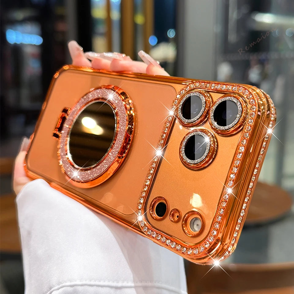 Diamond Mirror Magnetic Case For iPhone 17 Air 16E 16 15 14 Plus 13 11 12 16 Pro Max Magsafe Glitter Transparent Protector Cover