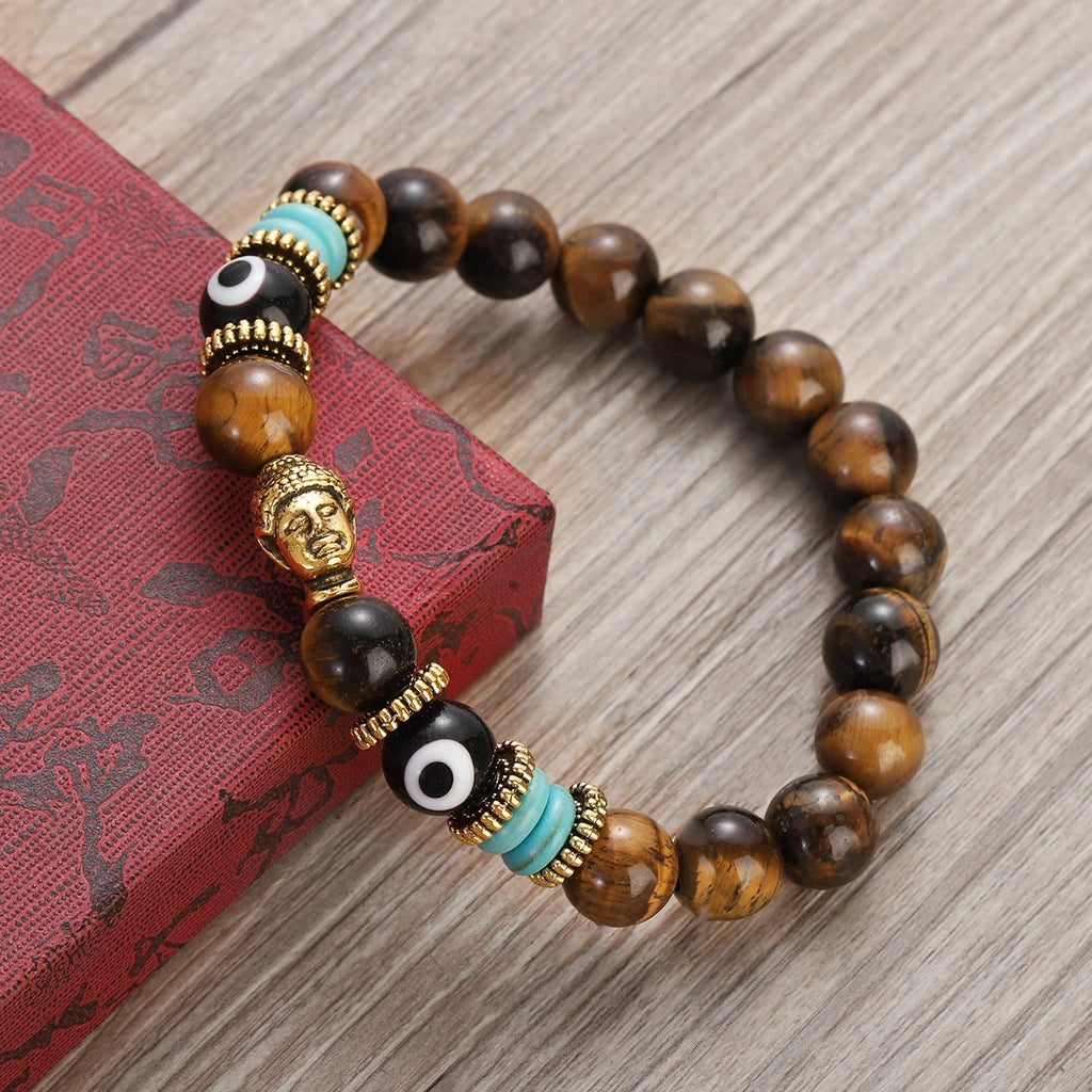 Classic Buddha&Evil Eye Bracelet Women Men 10mm Round Turquoises Blue Stone Bangles Handmade Elastic Yoga Bracelet