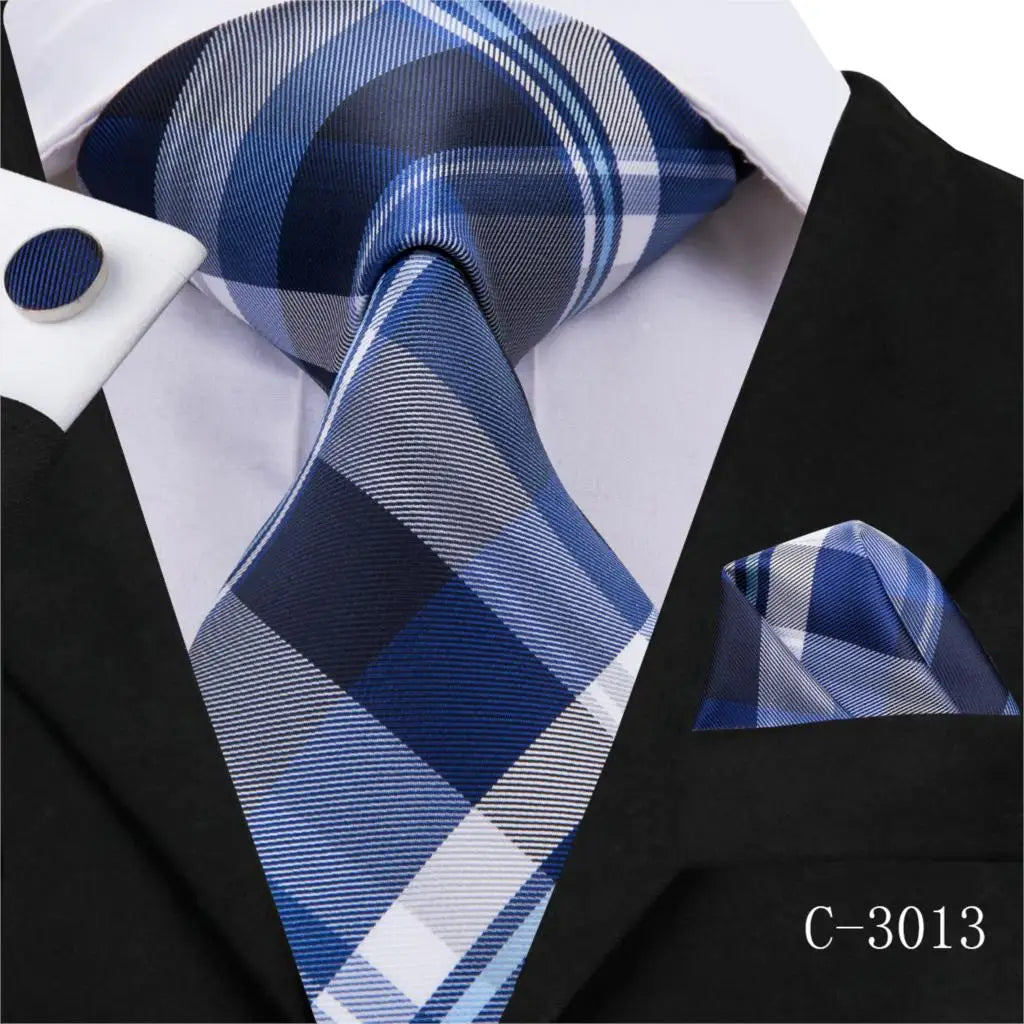 C-3014 Hi-Tie Men Tie Silk Necktie Plaid Brown Ties for Men High Quality Hanky Cufflinks Set Men's Wedding Pocket Square Tie Set