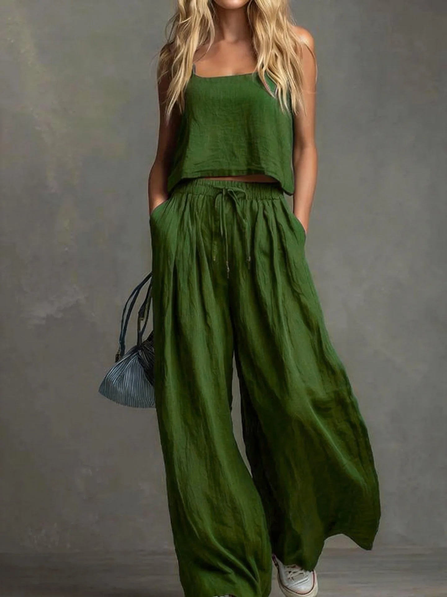 Suspender Top Women + Wide-leg Trousers Women 2piece Set Summer Fashion Elastic Waist Lace-up Pocket Trousers Casual Suit Female