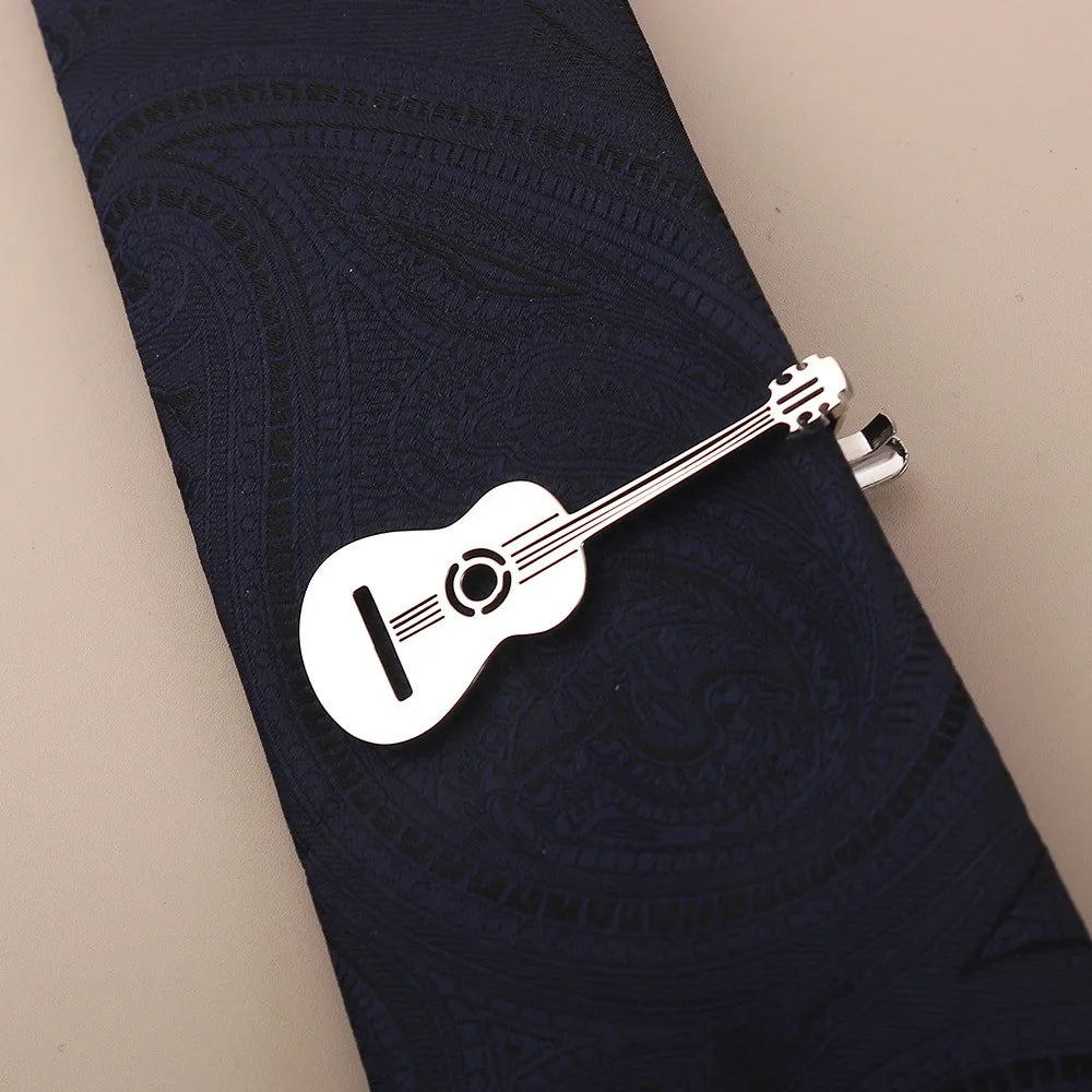Treble Clef Guitar Tie Clip Titanium Steel Instrument Music Note Tie Pin Hip Hop Punk Piano Necktie Buckle Concert Accessories