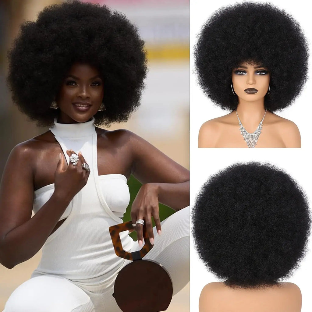 Synthetic Hair Afro Kinky Curly Blonde Wig For Women Mix Brown 70s Machine Made Huge With Bangs Short Bouncy For Daily Party Use