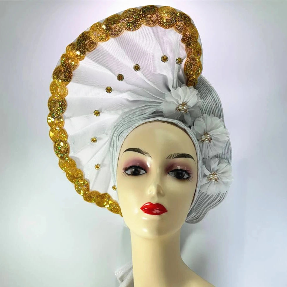 High Quality African Nigeria Gele Elegant Helmet With Stones Headband Turban Head Scarf Head-Hat Auto Gele Brand New Hats 7L5191