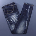 Fashionable men's deep blue jeans with scratches, washed water, nostalgic stretch, slim fit, painted jeans, designer high street