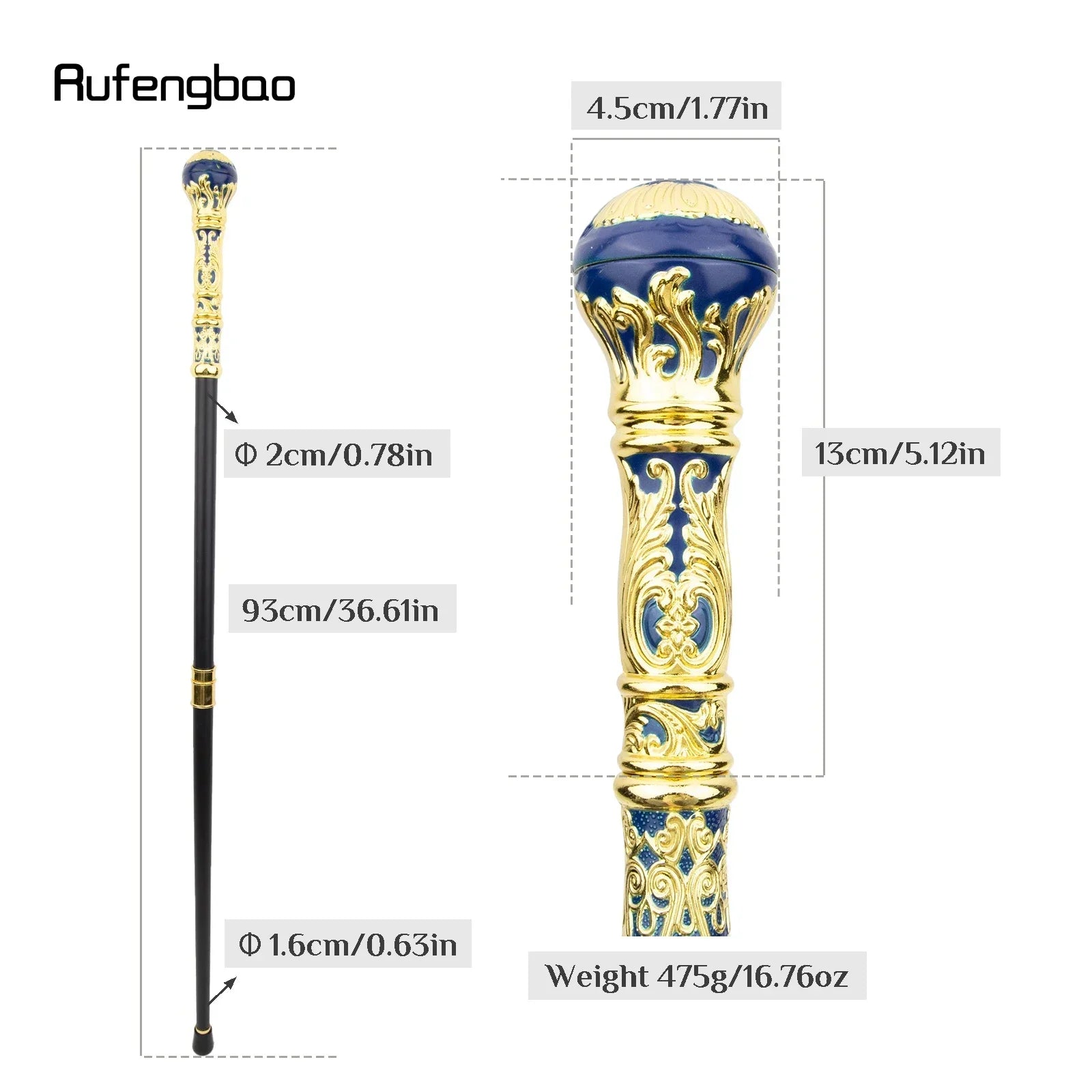 Golden Blue Luxury Round Handle Fashion Stick for Party Decorative Walking Cane Elegant Crosier Knob Walking Stick 93cm
