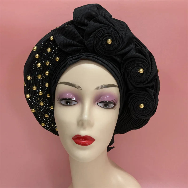 High Quality African Nigeria Gele Elegant Helmet With Stones Headband Turban Head Scarf Head-Hat Auto Gele Brand New Hats 7L5191
