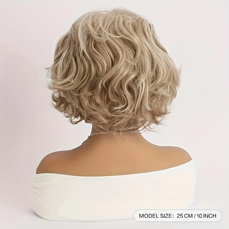 Women's short curly hair wig made beige mixed with gold synthetic fiber, suitable women's daily outings role-playing Halloween