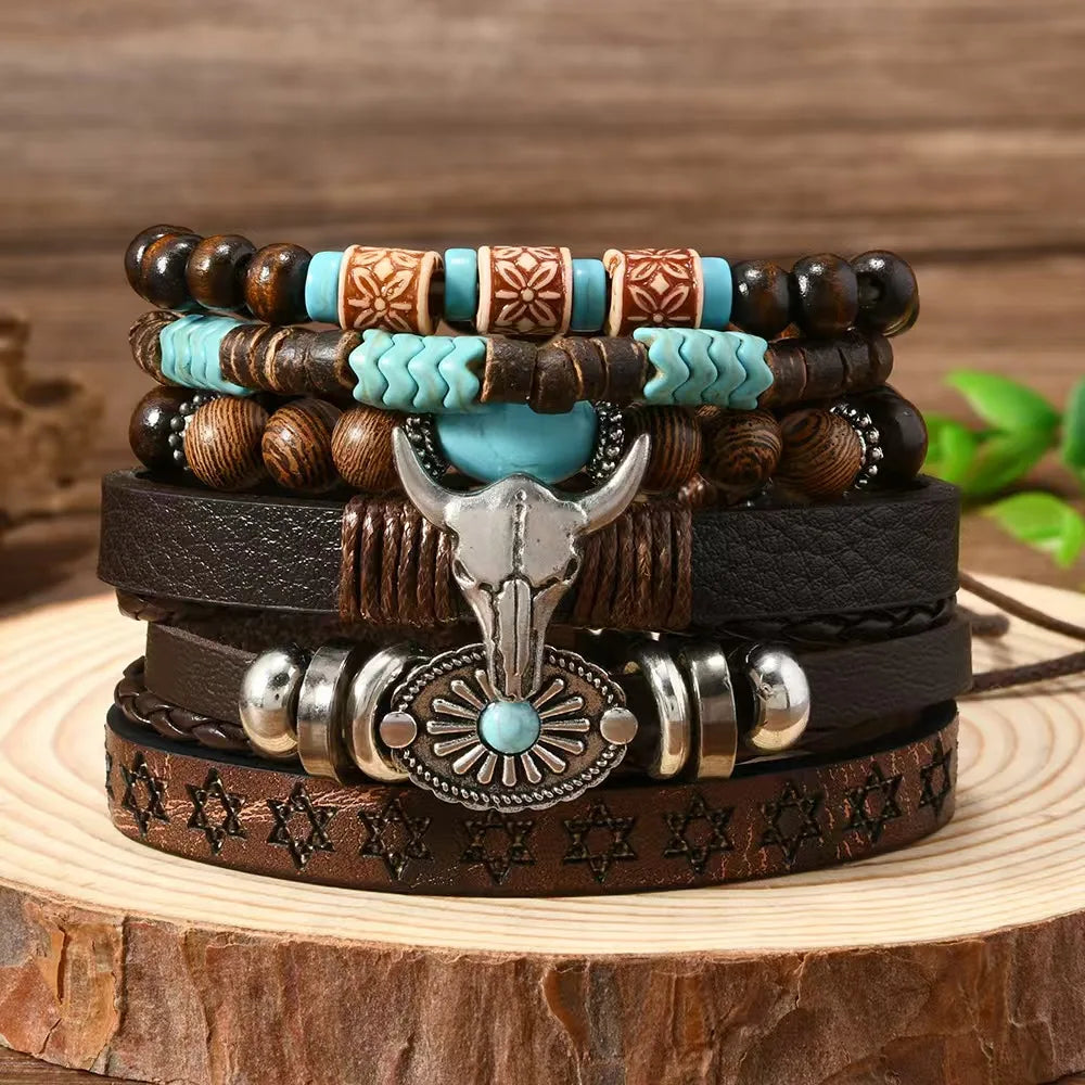 Vintage Feather Casual 6 Pc/set Tree Handmade Men Bracelets Male Women Leather Bracelets Men Bangle Wholesale Jewelry Gift