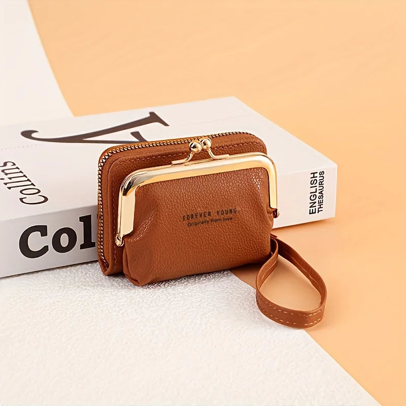 Women'S Elegant Wallet with Wrist Strap & Kiss Button Closure -Golden-Tone Hardware,Zipper Pocket & Card Holder,Wallet for Women