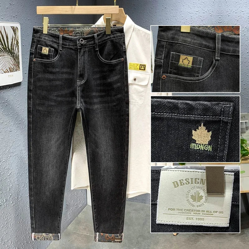 On The New Embroidered Jeans Men's Light Luxury Trend Senior Sense of All Straight Tube Lace-up Adult Gentleman Comfortable