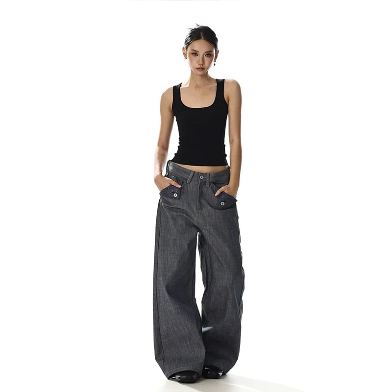 Summer Streetwear Vintage Loose Wide Leg Casual Pants Straight Cut Versatile Original Cow Denim Jeans Low Waist Embroidered