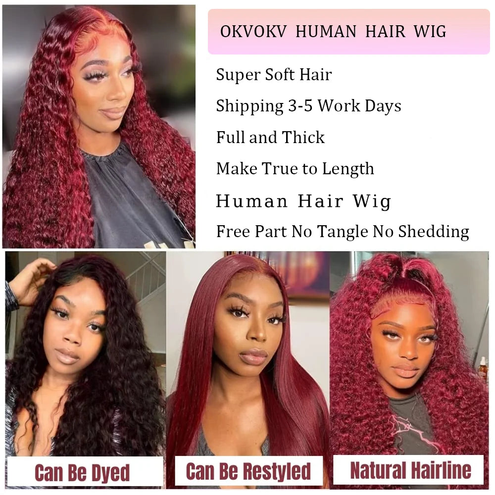 Burgundy Colored Human Hair Wig Deep Wave 13x4 Lace Frontal Wigs HD Transparent Lace Curly Hair Wig for Women