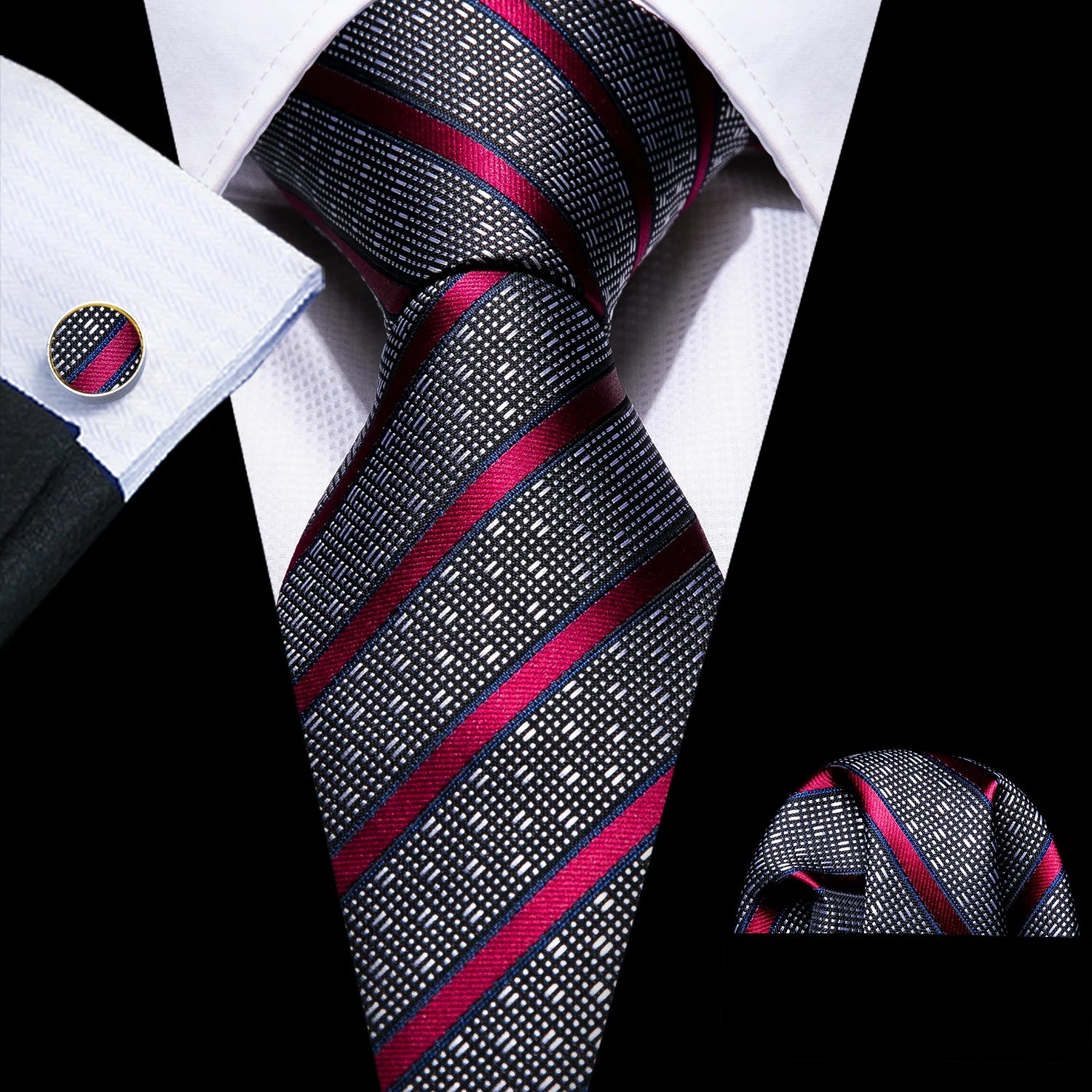 Male Luxury Neck Tie For Men Business Red Striped Tie Hanky Cufflinks Set Neckwear Wedding Party Casual