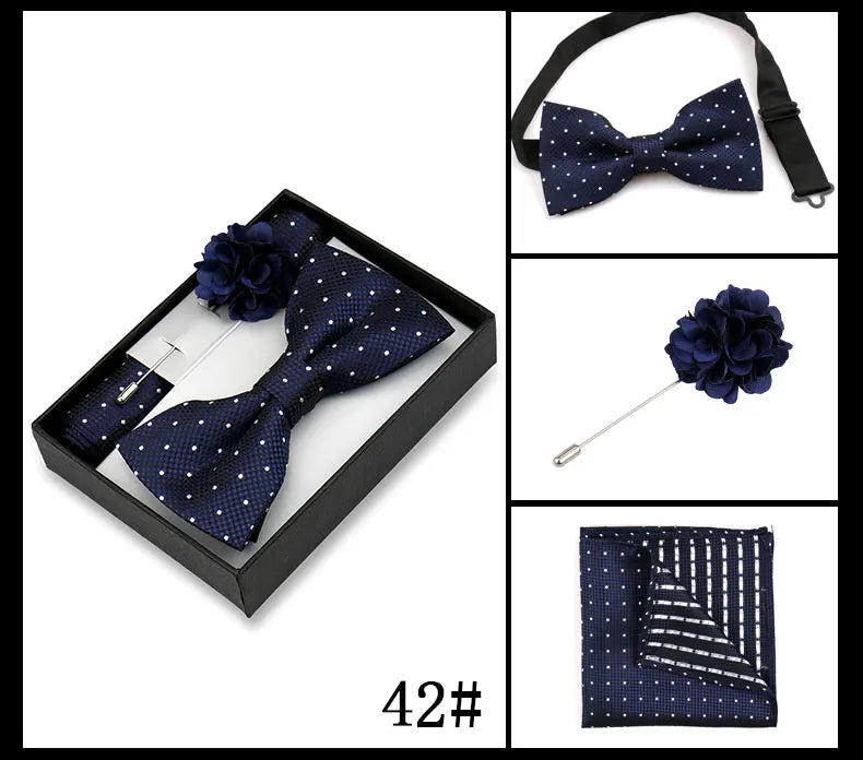 Classic High Quality Bow Tie Set Box Gift For Men Fashion Elegant Bowtie Handchief And Brooch Set Wedding Business Accessories