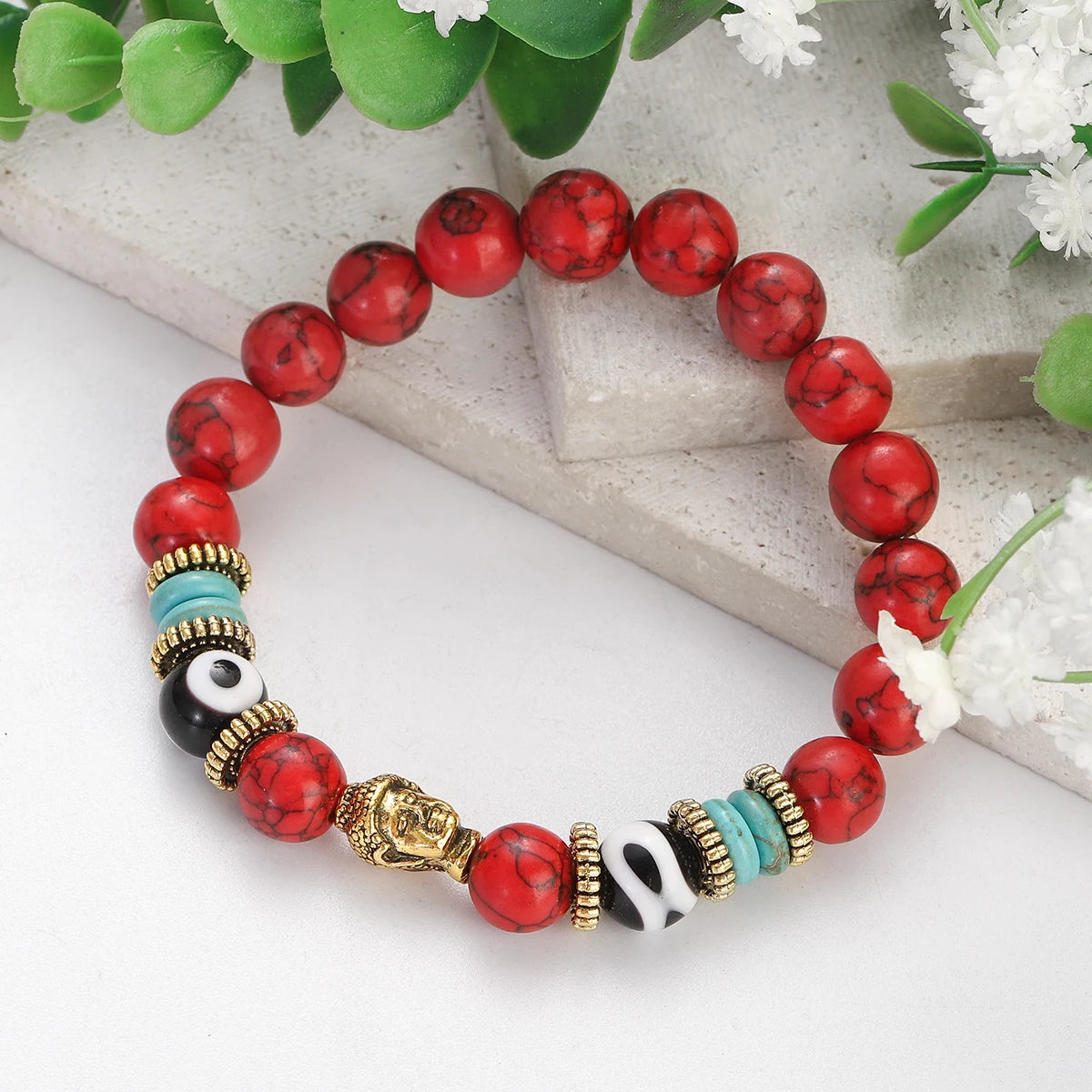 Classic Buddha&Evil Eye Bracelet Women Men 10mm Round Turquoises Blue Stone Bangles Handmade Elastic Yoga Bracelet