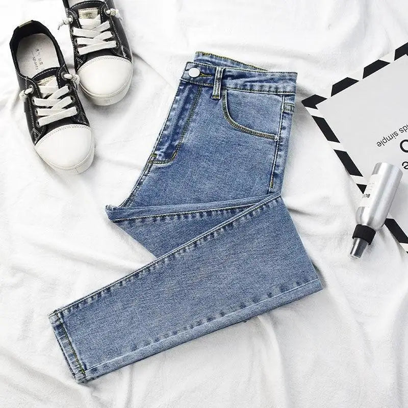 High Waist Slim Fit Jeans Women's Elastic Stretchy Nine Points Pants Spring Autumn Fashionable Casual Straight Leg Trousers
