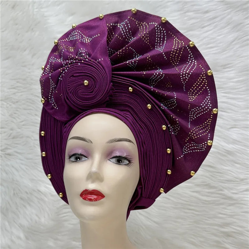 High Quality African Nigeria Gele Elegant Helmet With Stones Headband Turban Head Scarf Head-Hat Auto Gele Brand New Hats 7L1181