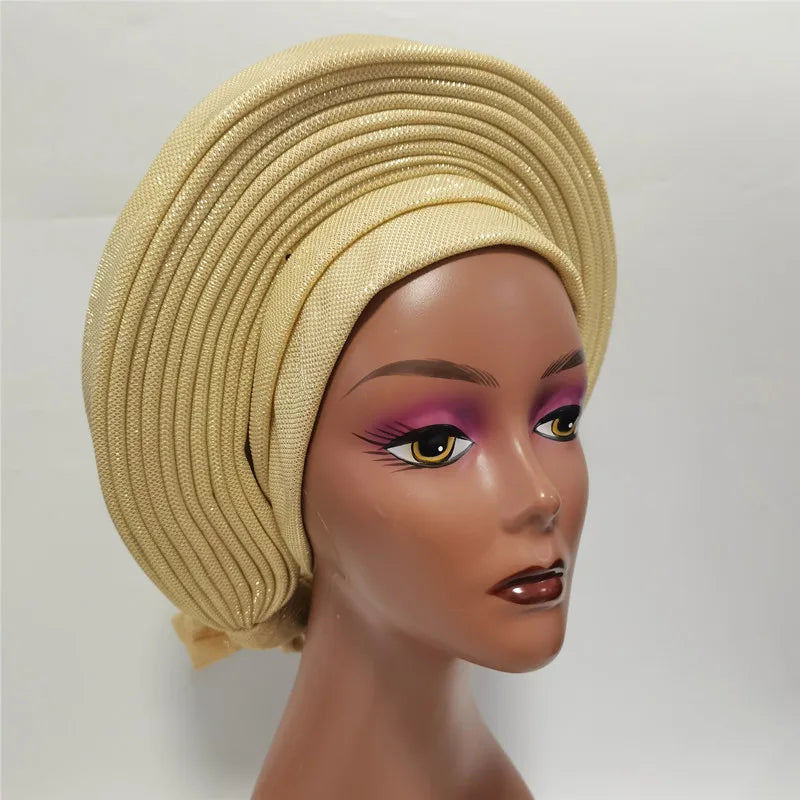 Nigerian Blue Gele Headtie  Auto Gele Turban Headwarp Already Made Headtie African Turban Cap for Party XM207-1