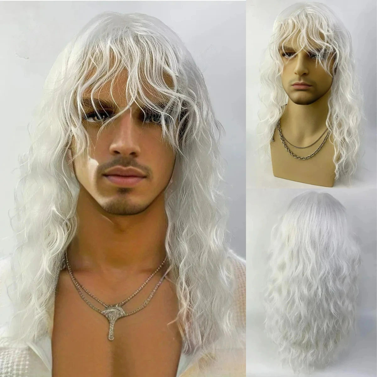 Men's Black Curly Wig with Bangs – Natural Water Wave Synthetic Hair for Cosplay, Halloween & Daily Wear – Adjustable Cap (Rolep